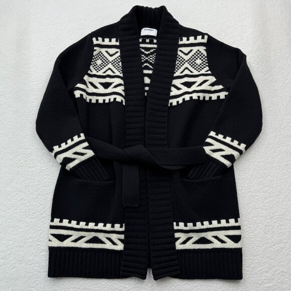 Old Navy Cozy Fair Isle Aztec Tie Belt Cardigan Sweater Jacket B & W Womens M - Picture 5 of 11